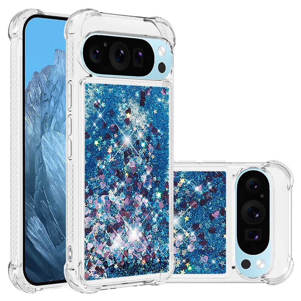 Glitter přesýpací gelový obal na Google Pixel 10 Pro/Pixel 10 - modrý/srdíčka