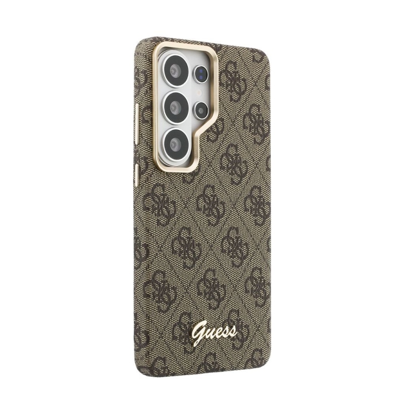 Guess PU 4G Script Metal Logo Magnetic Zadní Kryt pro Samsung Galaxy S26 Ultra Brown