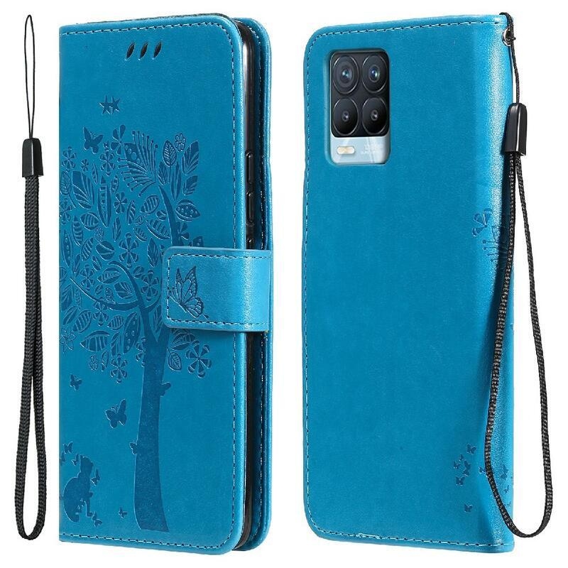 Tree PU kožené peněženkové pouzdro na mobil Realme 8 4G/8 Pro - modré