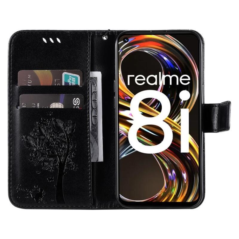 Tree PU kožené peněženkové pouzdro na mobil Realme 8i - černé