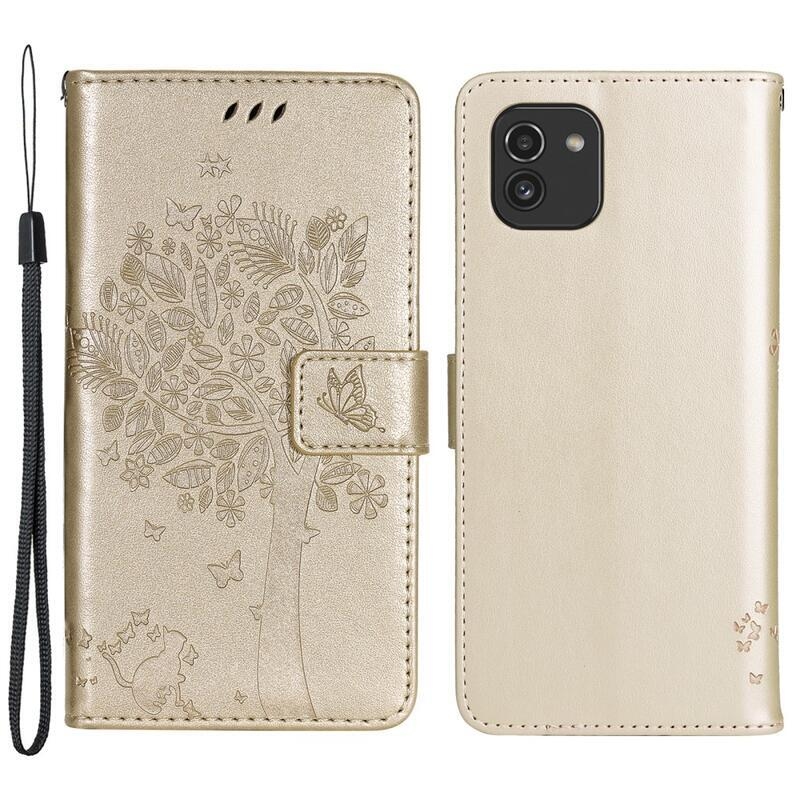 Tree PU kožené peněženkové pouzdro na mobil Samsung Galaxy A03 - zlaté