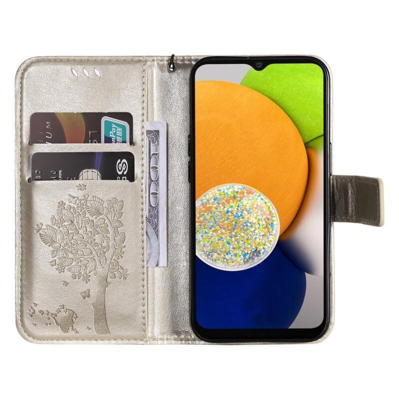 Tree PU kožené peněženkové pouzdro na mobil Samsung Galaxy A03 - zlaté