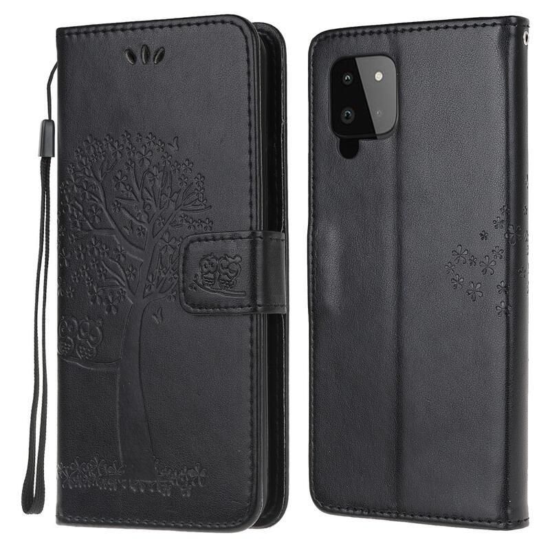 Tree PU kožené peněženkové pouzdro na mobil Samsung Galaxy A22 4G - černé