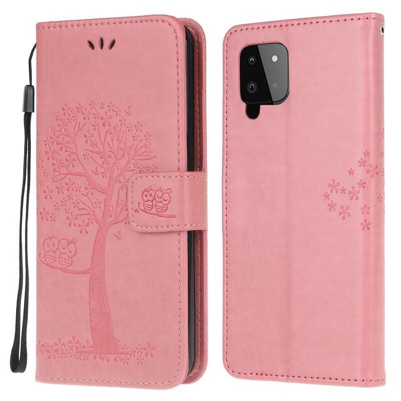 Tree PU kožené peněženkové pouzdro na mobil Samsung Galaxy A22 4G - růžové