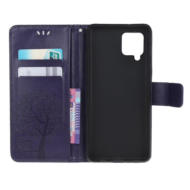 Tree PU kožené peněženkové pouzdro na mobil Samsung Galaxy A22 4G - tmavěfialové