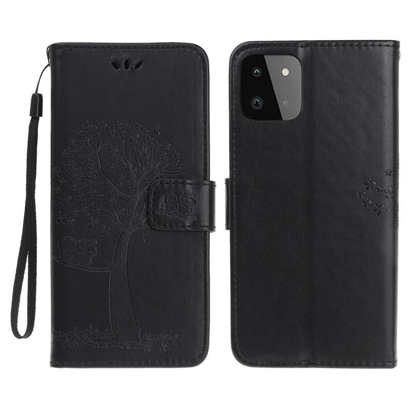 Tree PU kožené peněženkové pouzdro na mobil Samsung Galaxy A22 5G - černé