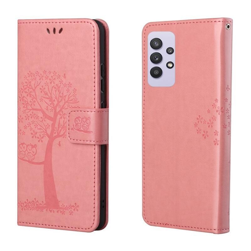 Tree PU kožené peněženkové pouzdro na mobil Samsung Galaxy A32 4G - růžové