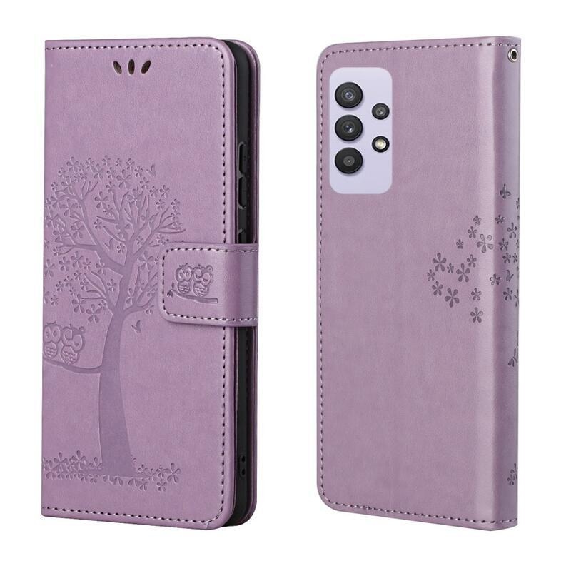Tree PU kožené peněženkové pouzdro na mobil Samsung Galaxy A32 4G - světlefialové