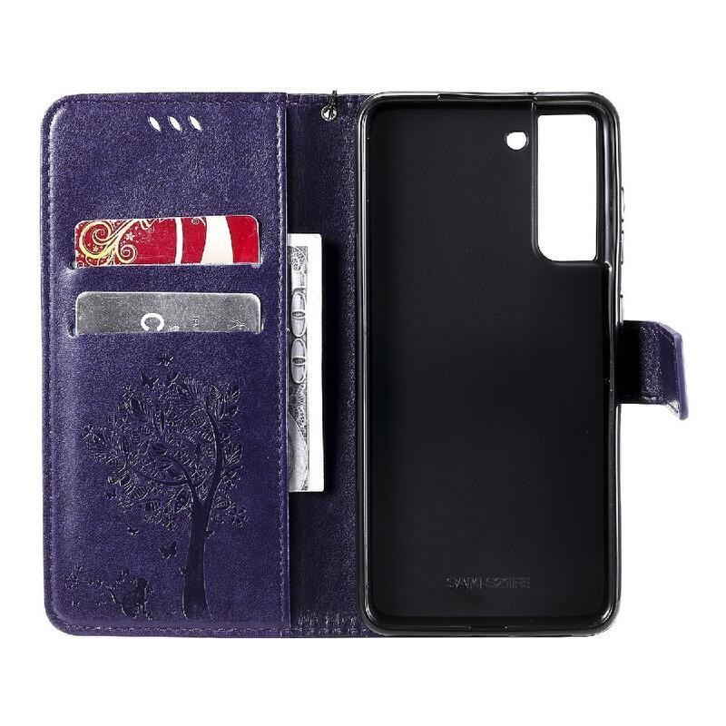 Tree PU kožené peněženkové pouzdro na mobil Samsung Galaxy S21 FE 5G - tmavěfialové