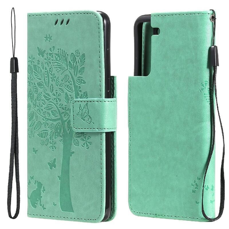 Tree PU kožené peněženkové pouzdro na mobil Samsung Galaxy S21 FE 5G - zelené