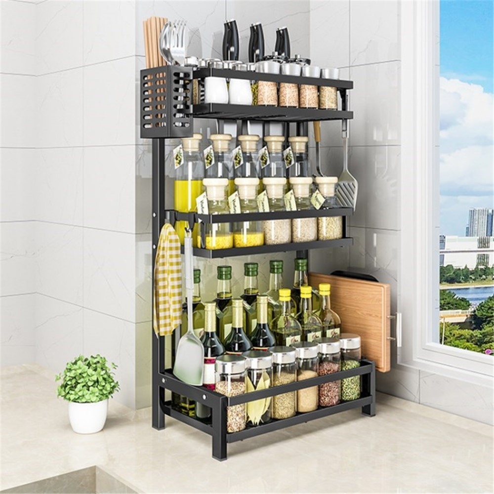 Třípodlažní stojan na kořenky a nože z uhlíkové oceli – černý