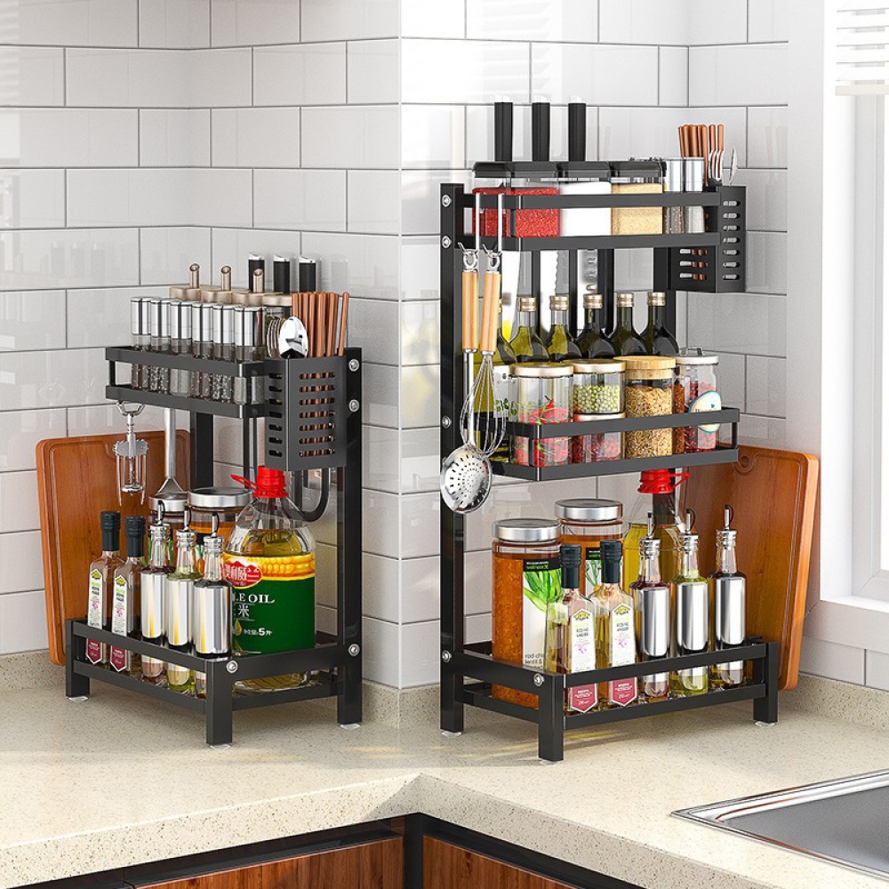 Třípodlažní stojan na kořenky a nože z uhlíkové oceli – černý