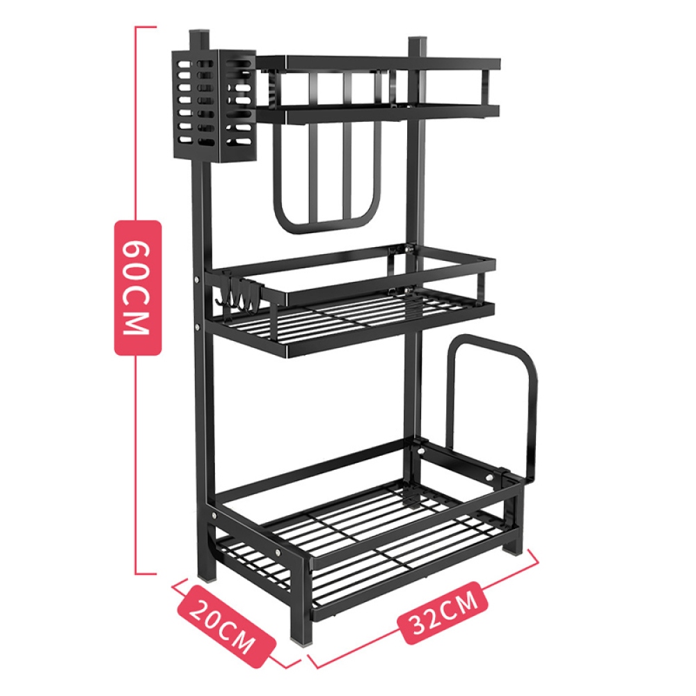 Třípodlažní stojan na kořenky a nože z uhlíkové oceli – černý