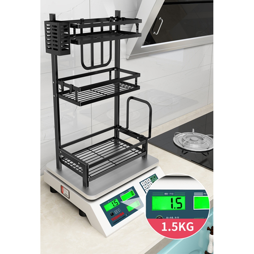 Třípodlažní stojan na kořenky a nože z uhlíkové oceli – černý