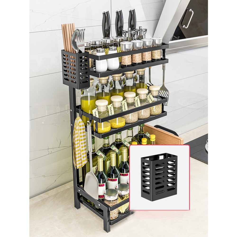 Třípodlažní stojan na kořenky a nože z uhlíkové oceli – černý