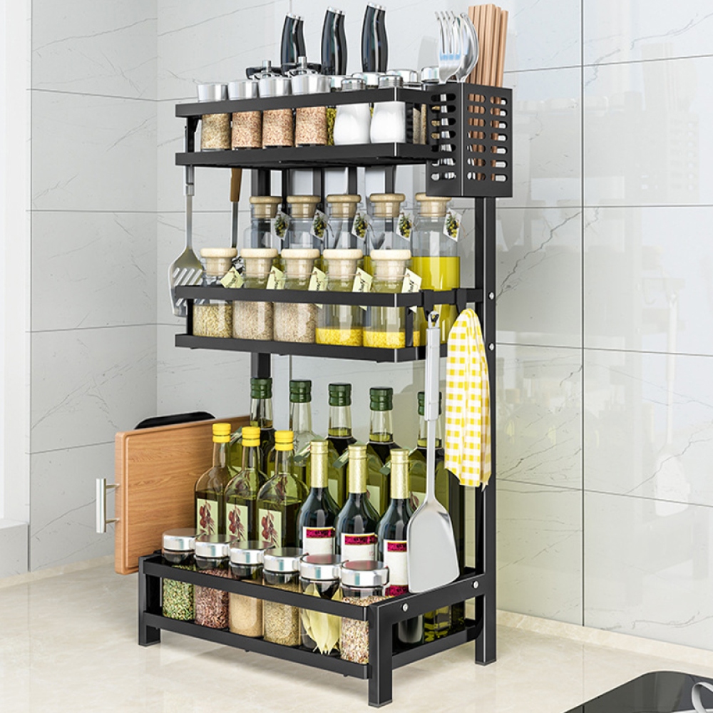 Třípodlažní stojan na kořenky a nože z uhlíkové oceli – černý