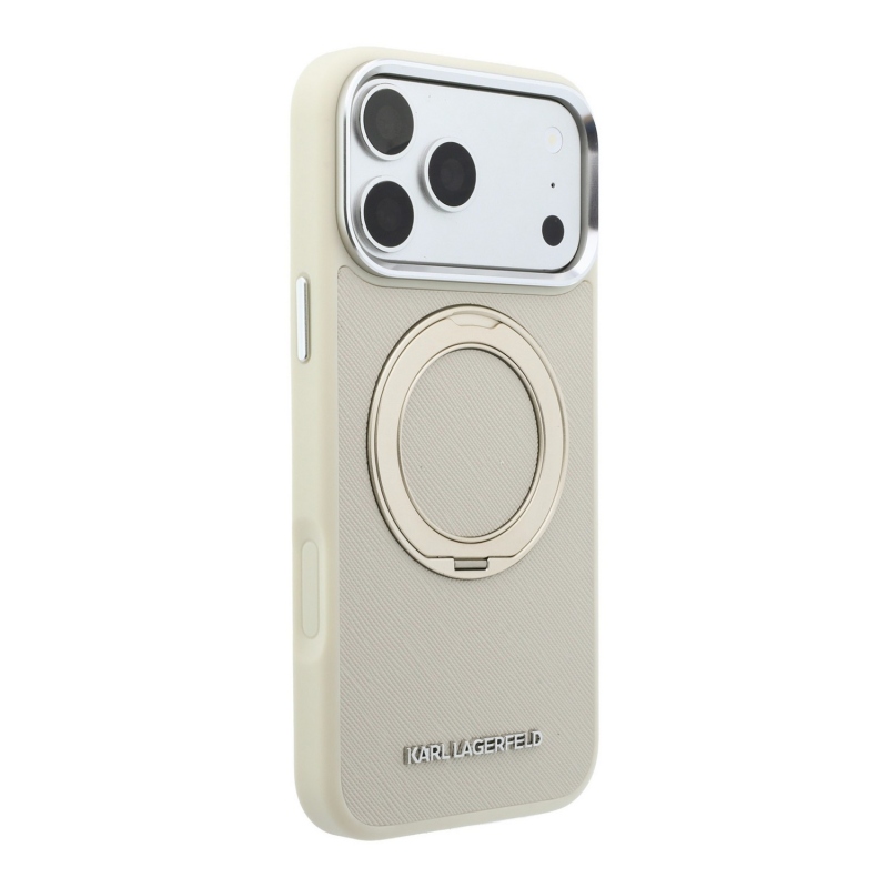 Karl Lagerfeld PU Saffiano Ring Stand MagSafe Zadní Kryt pro iPhone 18 Pro Beige