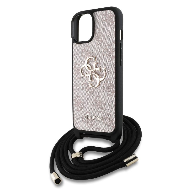 Guess PU 4G Metal Logo Crossbody Popruh Zadní Kryt pro iPhone 15 Pink
