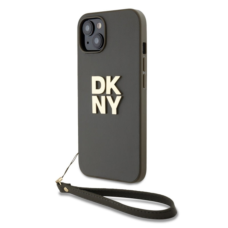 DKNY PU Leather Stack Logo Wrist Strap Zadní Kryt pro iPhone 15 Brown