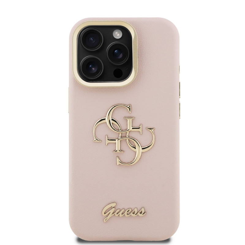 Guess PU Grained 4G Logo Stand Camera Frame Zadní Kryt pro iPhone 15 Pro Pink