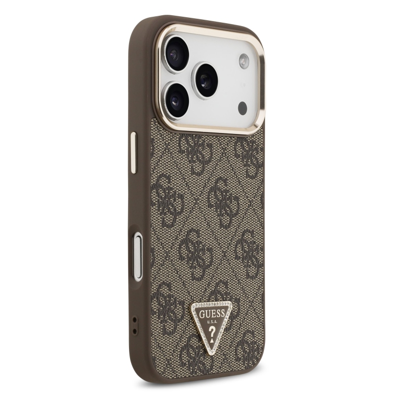 Guess PU Leather 4G Strass Triangle Logo Gold Frame MagSafe Zadní Kryt pro iPhone 17 Pro Brown