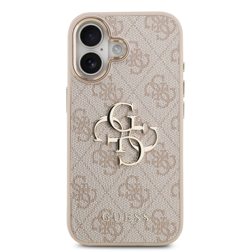 Guess PU Leather 4G Metal Logo Gold Frame Zadní Kryt pro iPhone 17 Pink