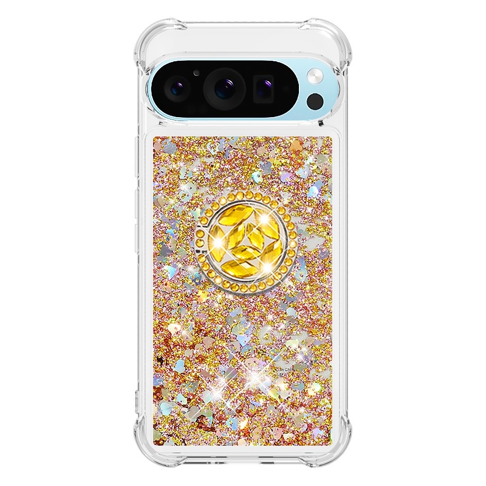 Glitt přesýpací gelový obal s kroužkem na prst na Google Pixel 10 - zlatý/srdíčka