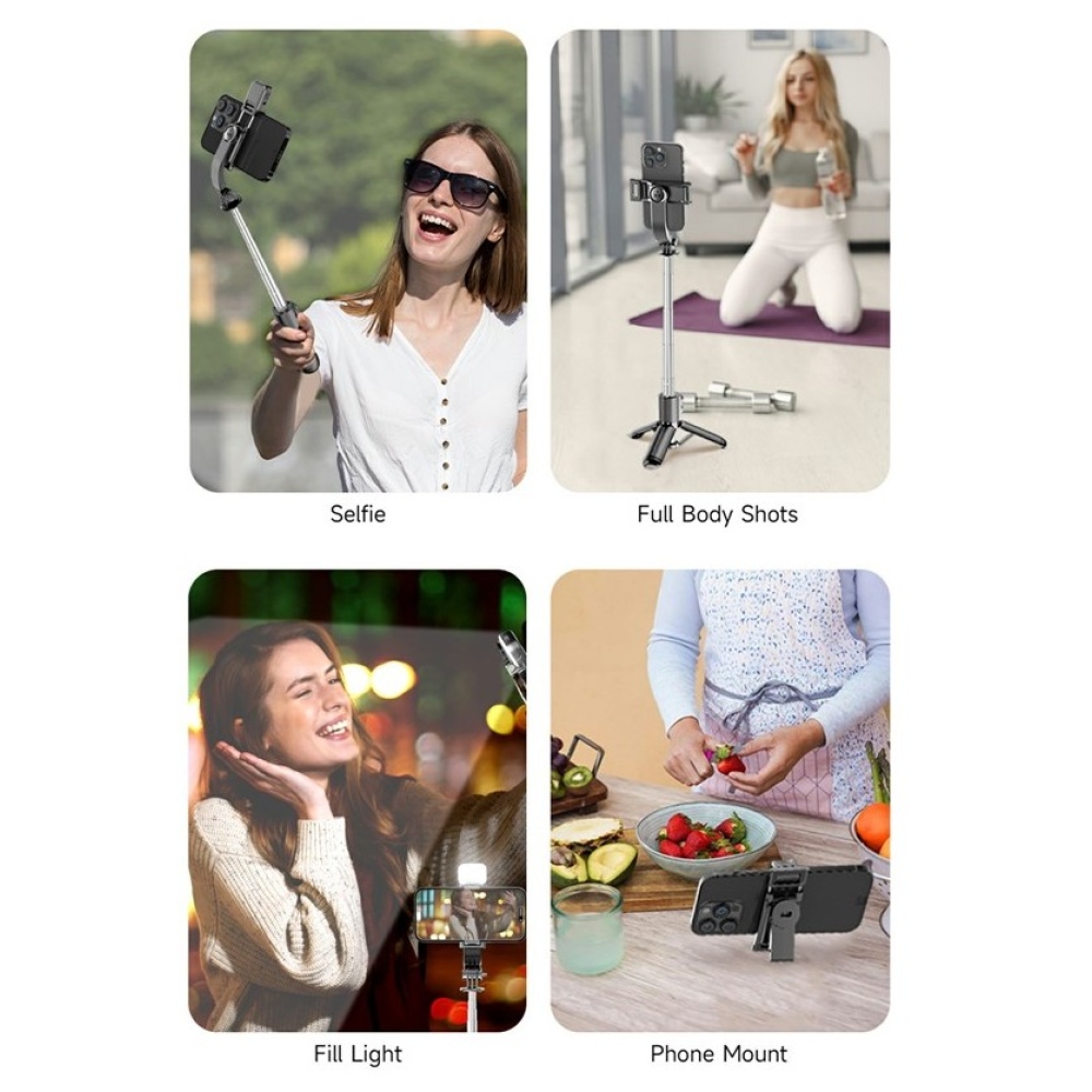 Q21S mini selfie tyč se stativem, LED světlem a Bluetooth