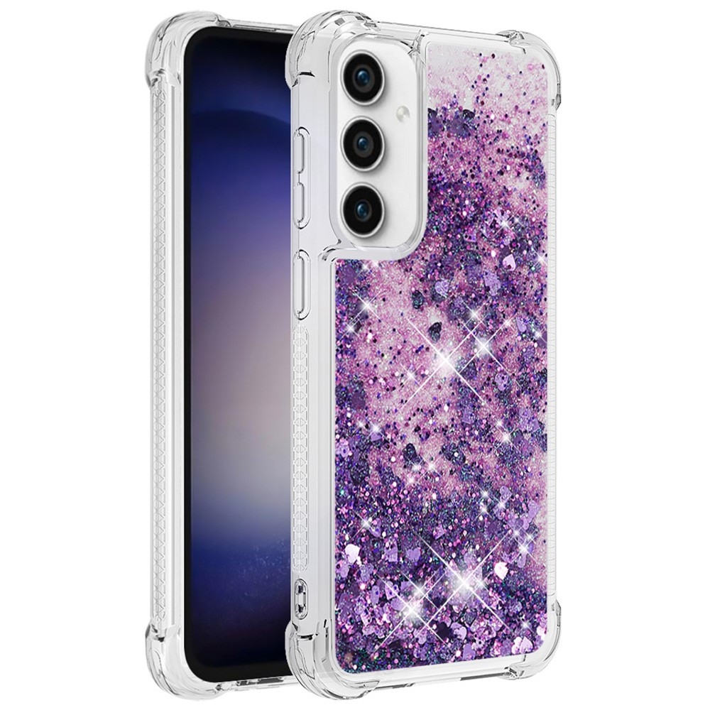 Glitter gelový přesýpací obal na Samsung Galaxy S23 FE - tmavěfialový/srdíčka