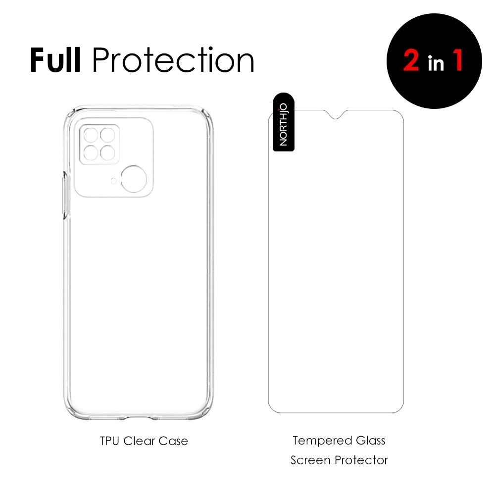 NORTHJO průhledný gelový obal + tvrzené sklo na Xiaomi Redmi 10C - průhledný