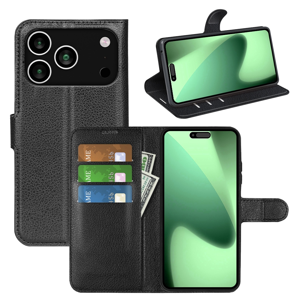 Litchi knížkové pouzdro na iPhone 17 Pro - černý