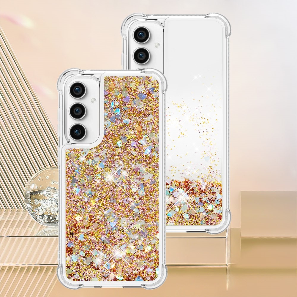 Glitter gelový přesýpací obal na Samsung Galaxy S23 FE - zlatý/srdíčka
