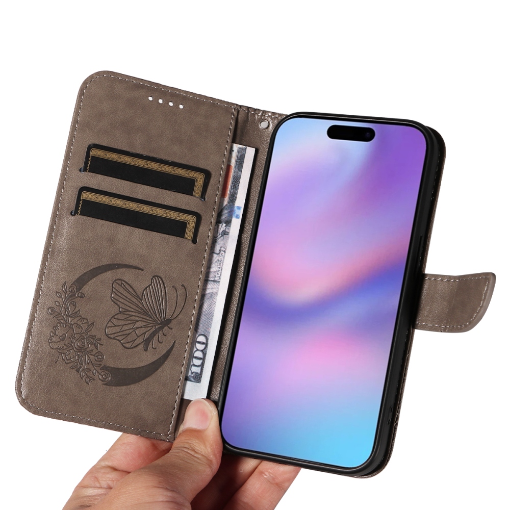 Floral Butterfly knížkové pouzdro na iPhone 17 - šedé