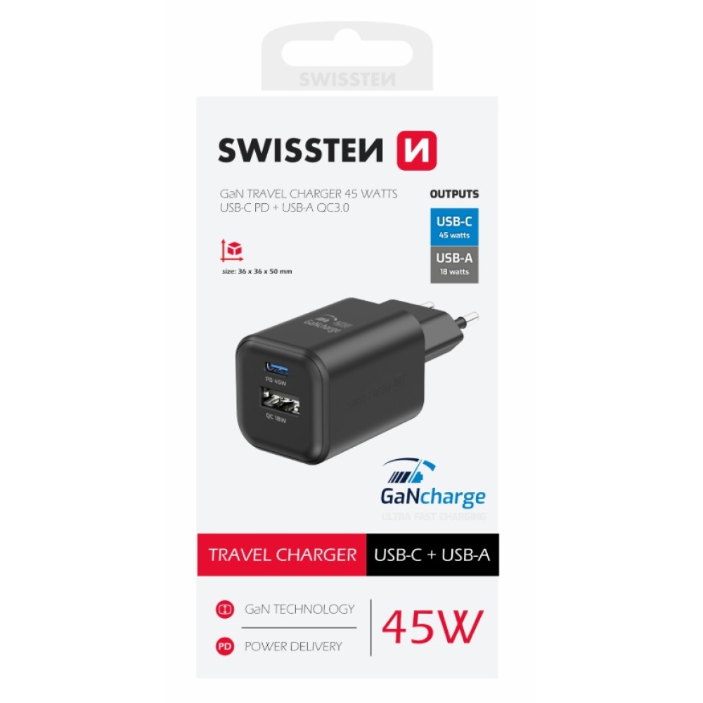 Nabíječka Swissten GaN 1x USB-C 45W PD + 1x USB-A 18W QC - černá