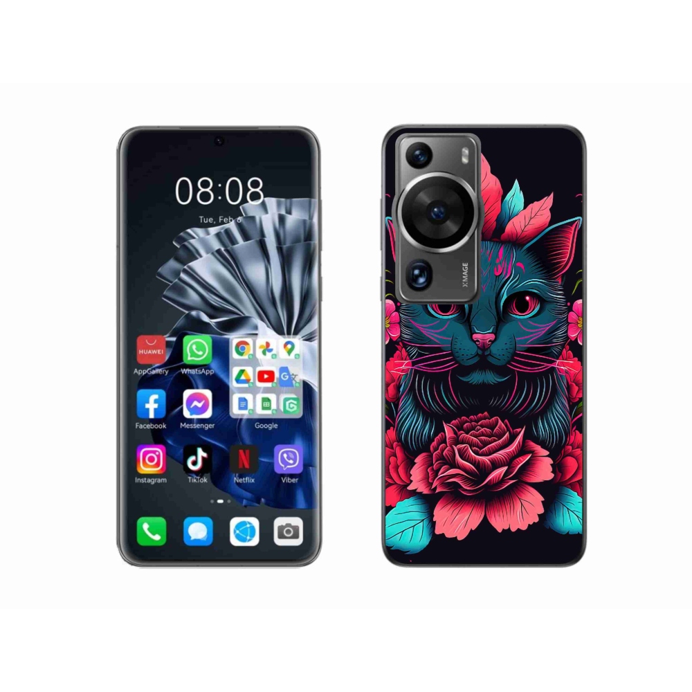 Gelový kryt mmCase na Huawei P60 Pro - květiny a kočka