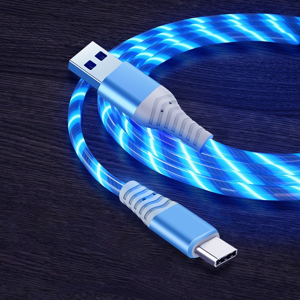 LED svítící USB kabel Typ-C 3A pro nabíjení a synchronizaci 1m - modrý