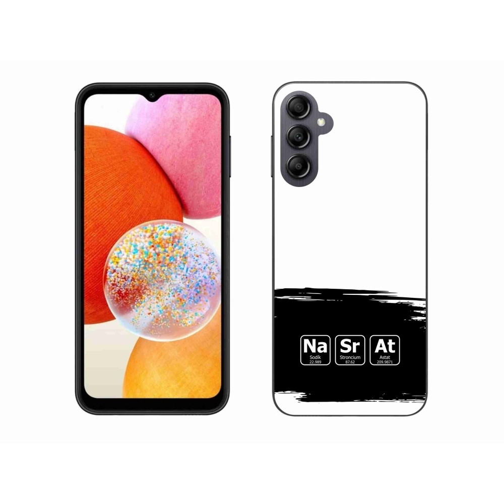 Gelový kryt mmCase na Samsung Galaxy A14 4G/5G - chemické prvky černobílé pozadí