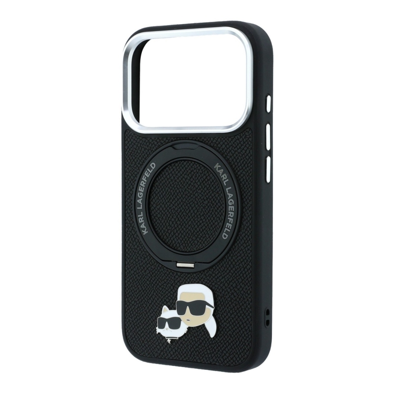 Karl Lagerfeld PU Grained K&CH Heads Ring Stand Magsafe Zadní Kryt pro iPhone 18 Pro Black