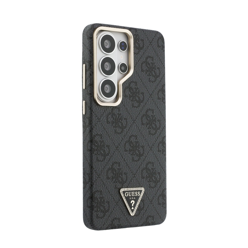Guess PU Leather 4G Strass Triangle Logo Gold Frame Magnetic Zadní Kryt pro Samsung Galaxy S26 Ultra Black
