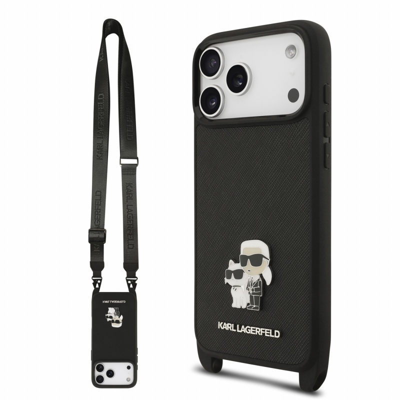 Karl Lagerfeld Saffiano Crossbody Popruh Metal Karl and Choupette Zadní Kryt pro iPhone 18 Pro Max Black