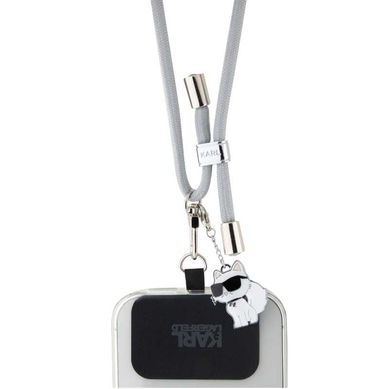 Karl Lagerfeld Universal Crossbody Popruh Cord and Choupette Pins Grey