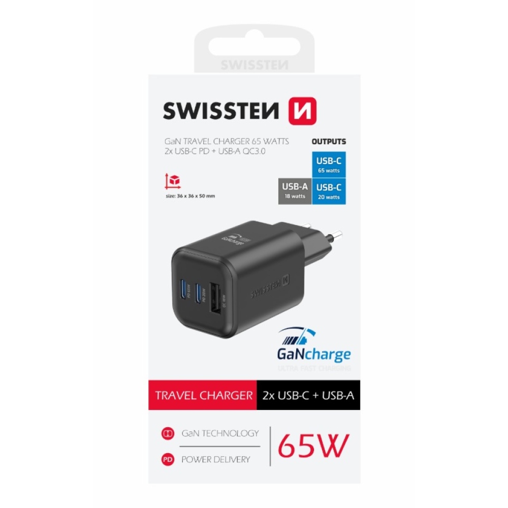 Nabíječka Swissten GaN 2x USB-C 65W PD + 1x USB-A 18W QC - černá