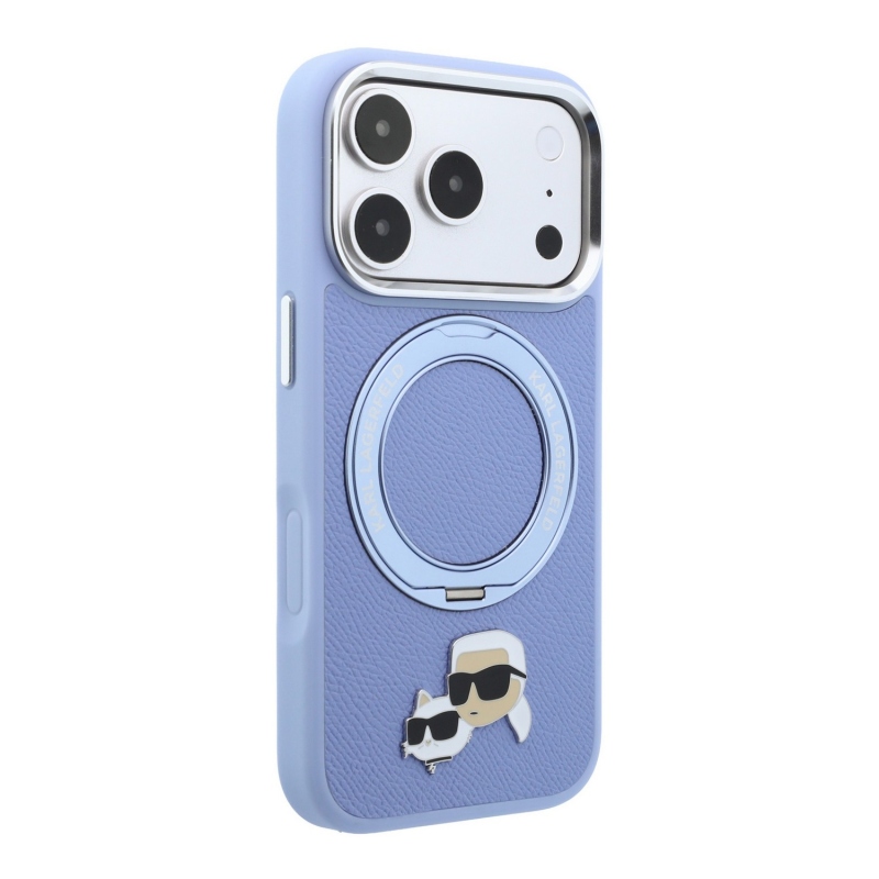 Karl Lagerfeld PU Grained K&CH Heads Ring Stand Magsafe Zadní Kryt pro iPhone 18 Pro Blue