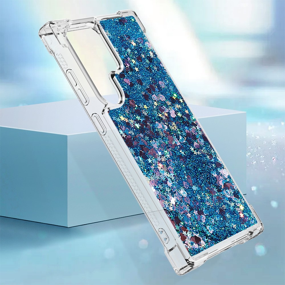 Glitter přesýpací gelový obal na Samsung Galaxy S24 Ultra - modrý/srdíčka