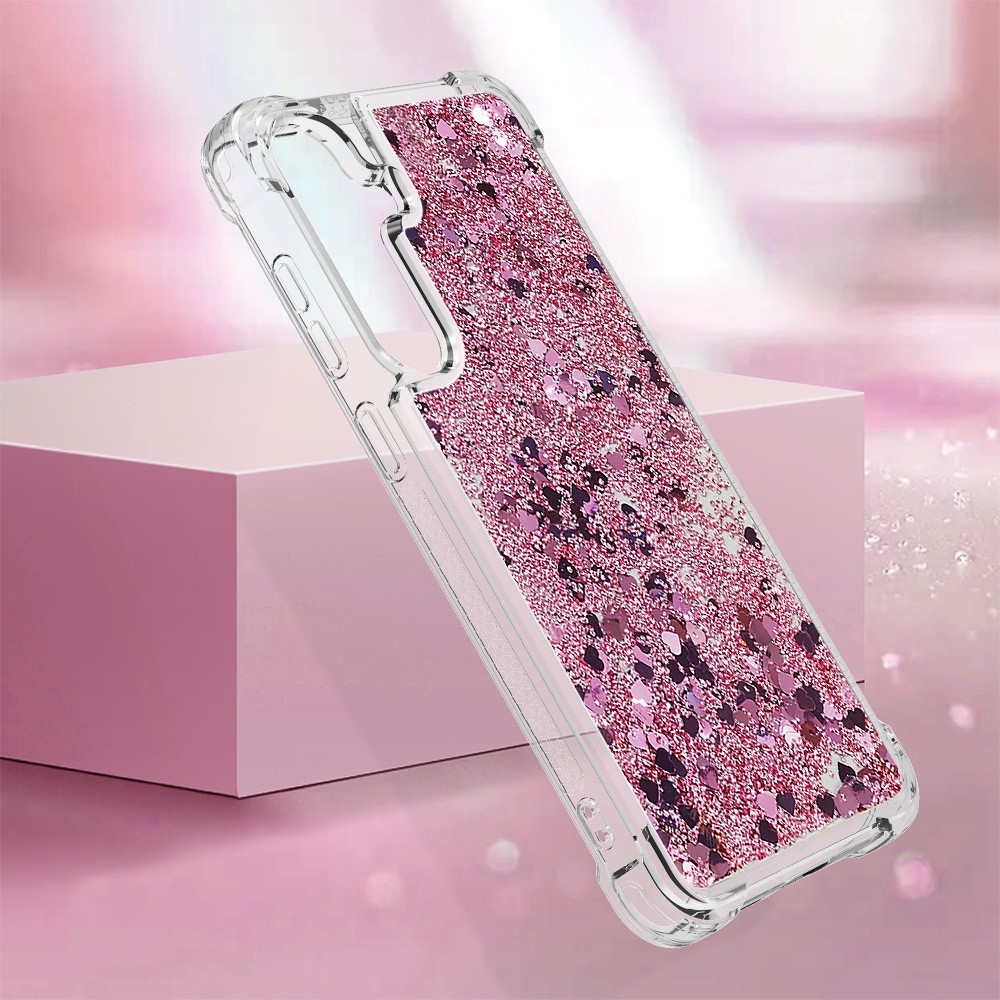 Glitter přesýpací gelový obal na Samsung Galaxy S24 - růžovozlatý/srdíčka