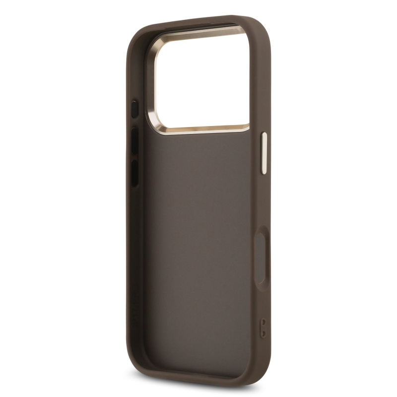 Guess PU Leather 4G Metal Logo Gold Frame Zadní Kryt pro iPhone 17 Pro Brown