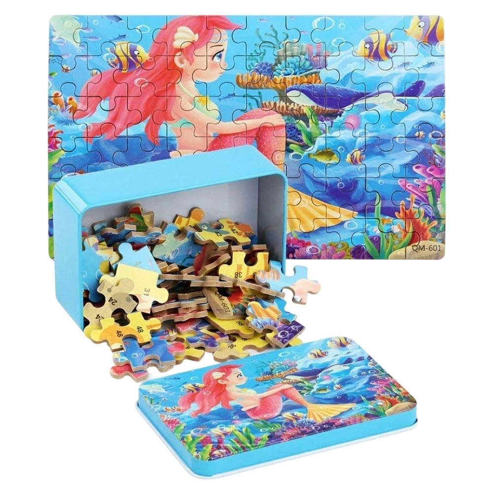 Dřevěné puzzle v kovové krabičce 60 dílků  - mořská panna 