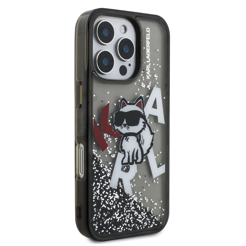 Karl Lagerfeld Liquid Glitter Scattered Choupette Zadní Kryt pro iPhone 16 Pro Black