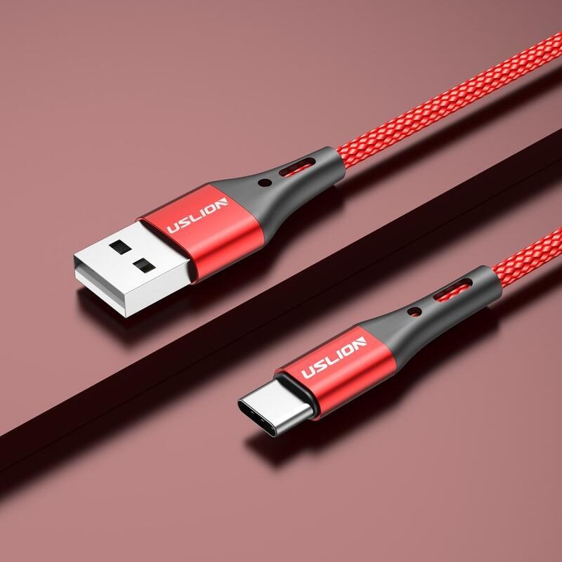 USLION tkaný USB kabel Type-C pro nabíjení a synchronizaci / 1m - červený