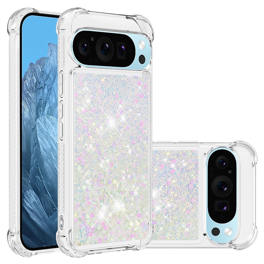 Glitter přesýpací gelový obal na Google Pixel 10 Pro/Pixel 10 - růžovostříbrný/srdíčka